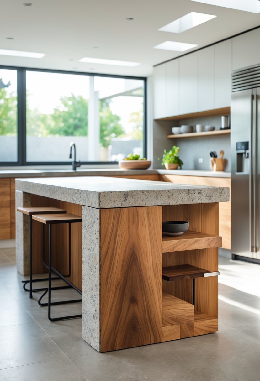 A spacious kitchen with a large island made of stone countertop and wooden base, surrounded by modern cabinets and appliances.