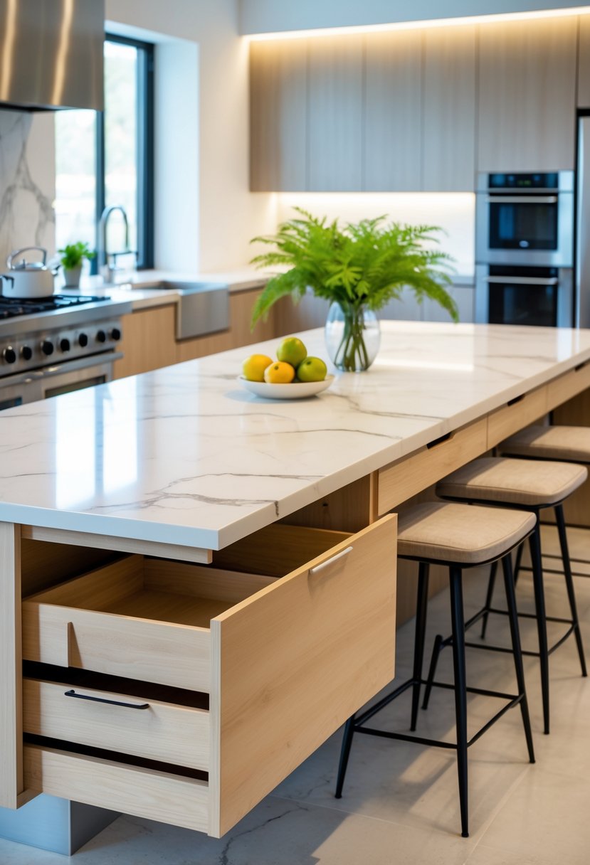 A kitchen with a large island featuring built-in storage drawers and bar stools around it.