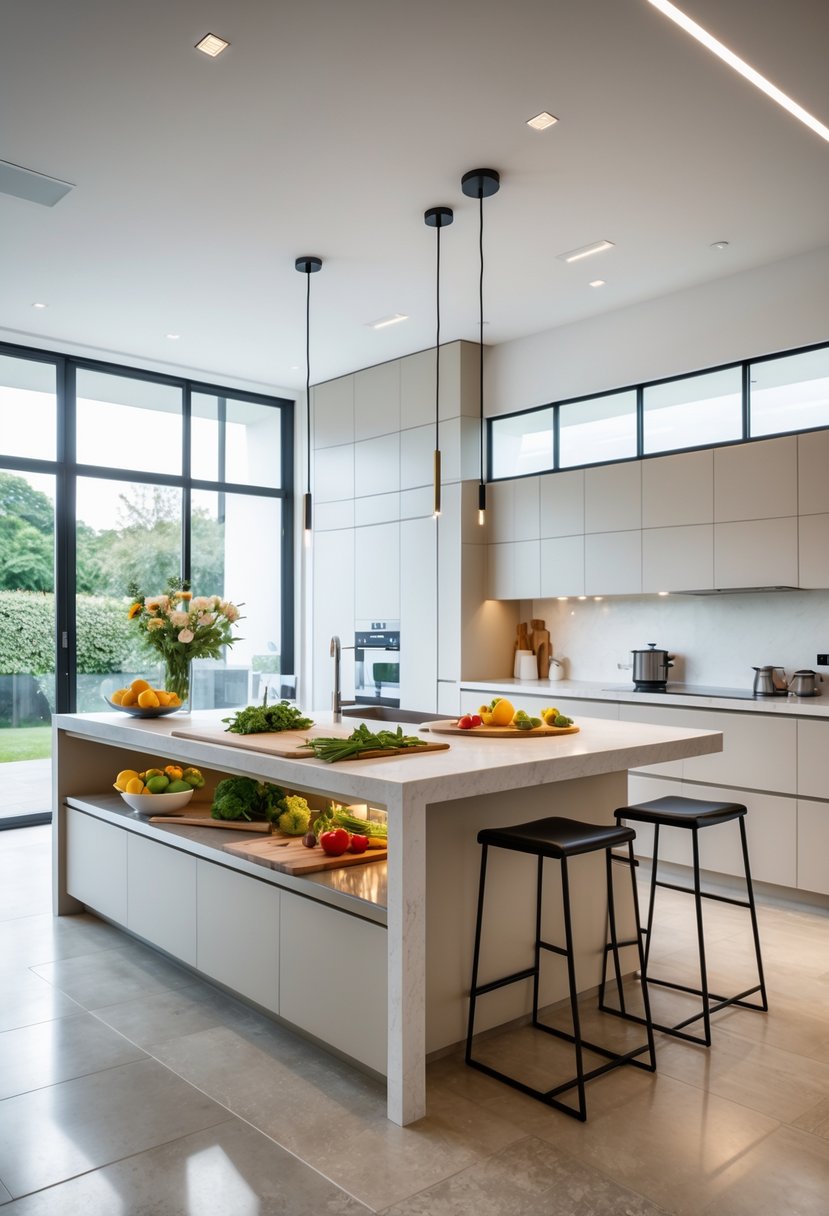 A modern kitchen with a large multi-level island featuring areas for food preparation and dining, surrounded by stools and filled with natural light.