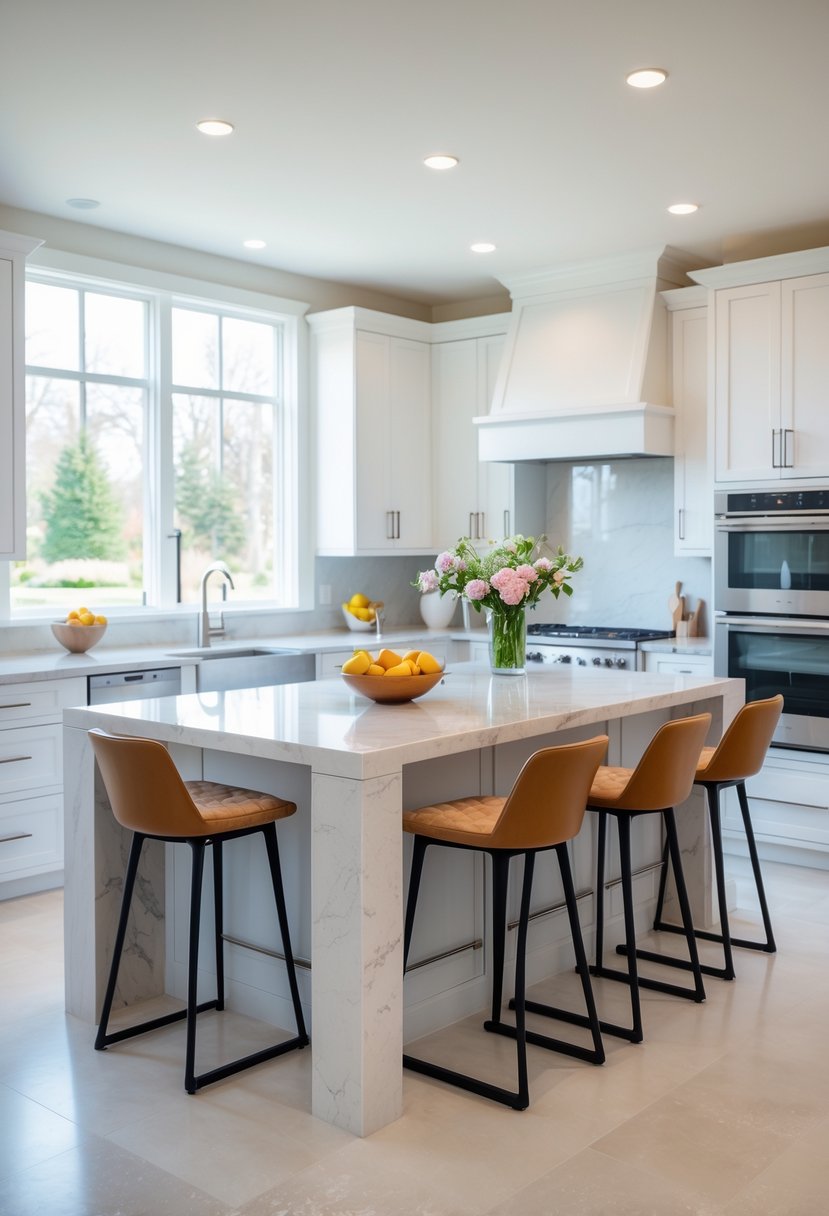 A kitchen with a large island and four bar stools, surrounded by cabinets and appliances.