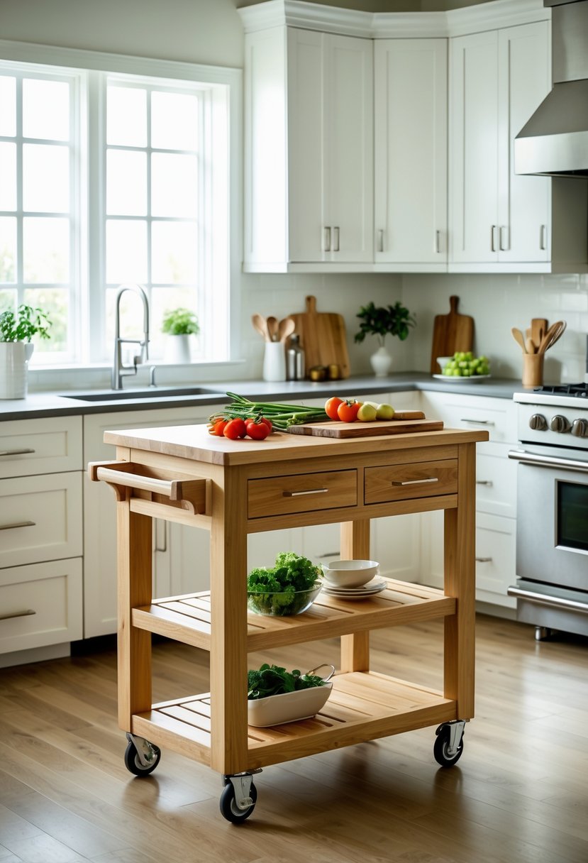 A modern kitchen with a portable wooden kitchen island cart on wheels, surrounded by white cabinets and stainless steel appliances.