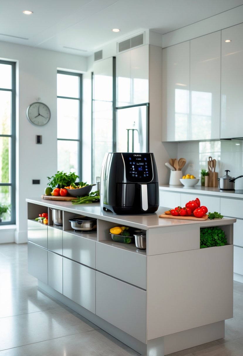 A bright kitchen with a large island featuring an air fryer and cooking utensils, surrounded by modern appliances and cabinetry.