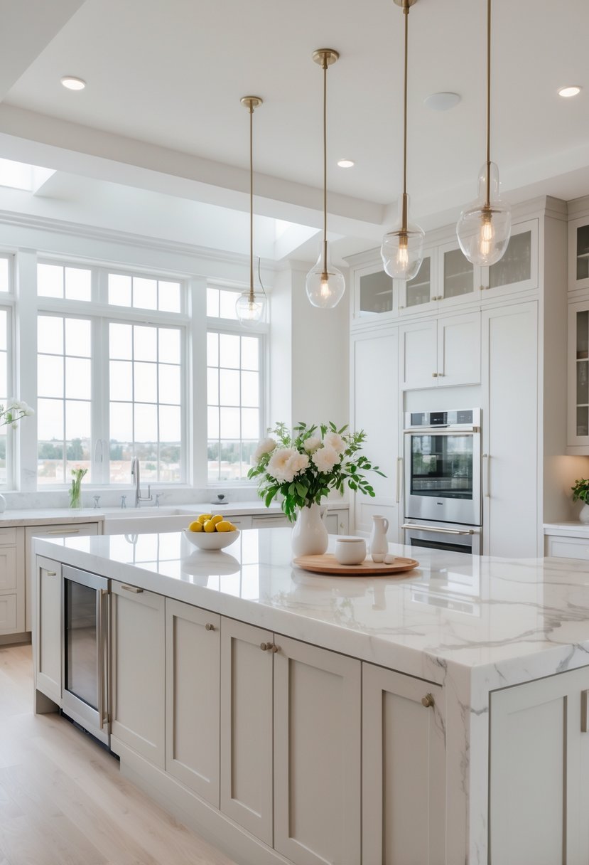 A large kitchen island with a white marble countertop in a bright kitchen with pendant lights and wooden flooring.