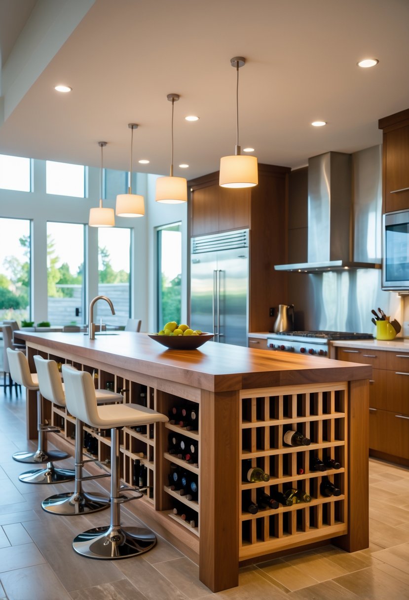 A kitchen with a large island that has a built-in wine rack holding wine bottles, surrounded by bar stools and modern appliances.