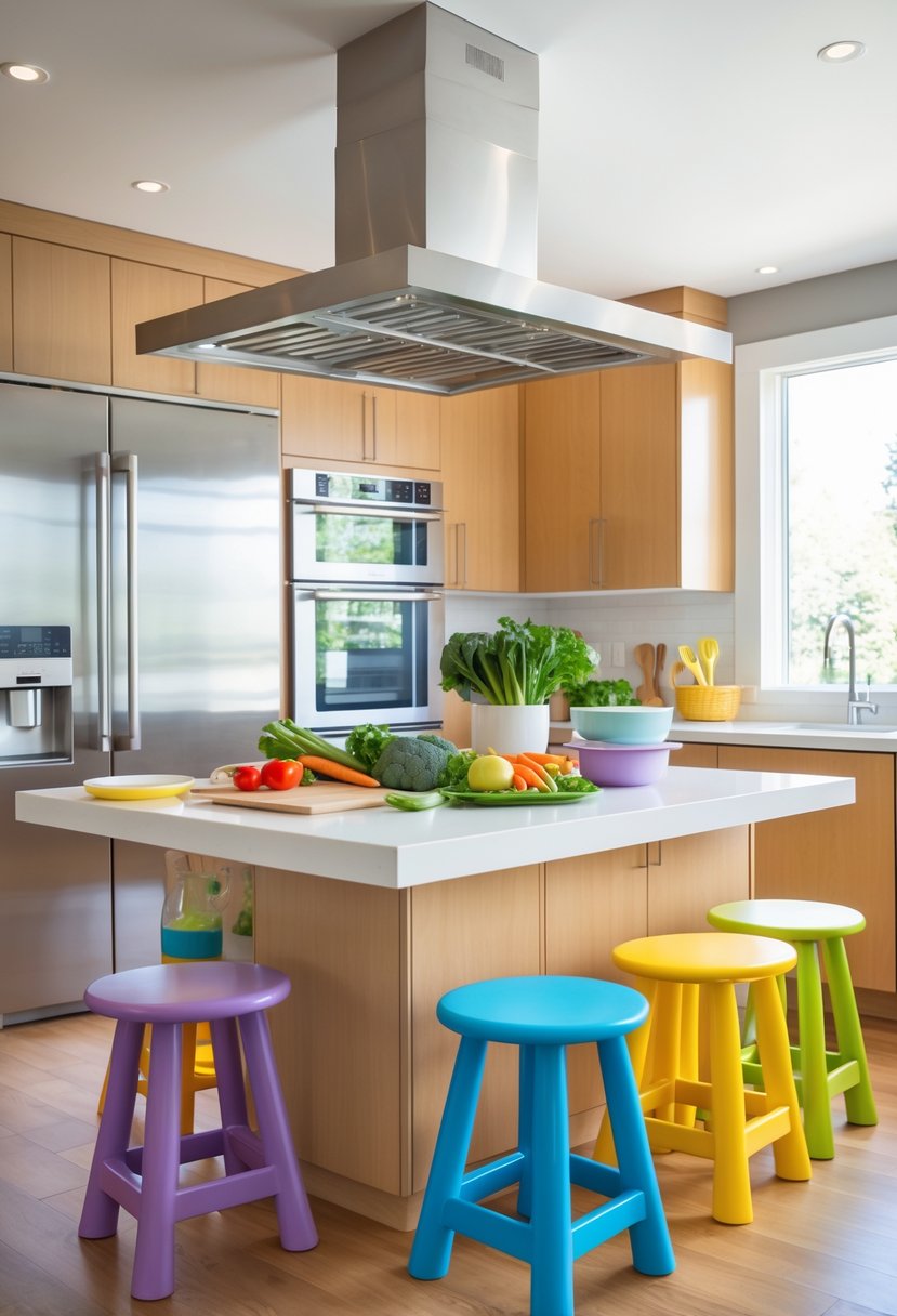 A modern kitchen with a large island designed for children, showing child-sized seating and cooking utensils.