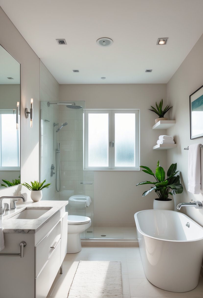 A clean and inviting guest bathroom with a white vanity, large mirror, walk-in glass shower, freestanding bathtub, and neutral decor.