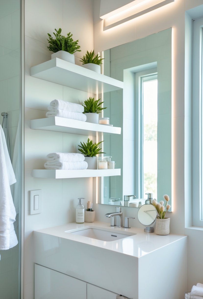 A guest bathroom with white floating shelves above the vanity holding plants, towels, and toiletries.