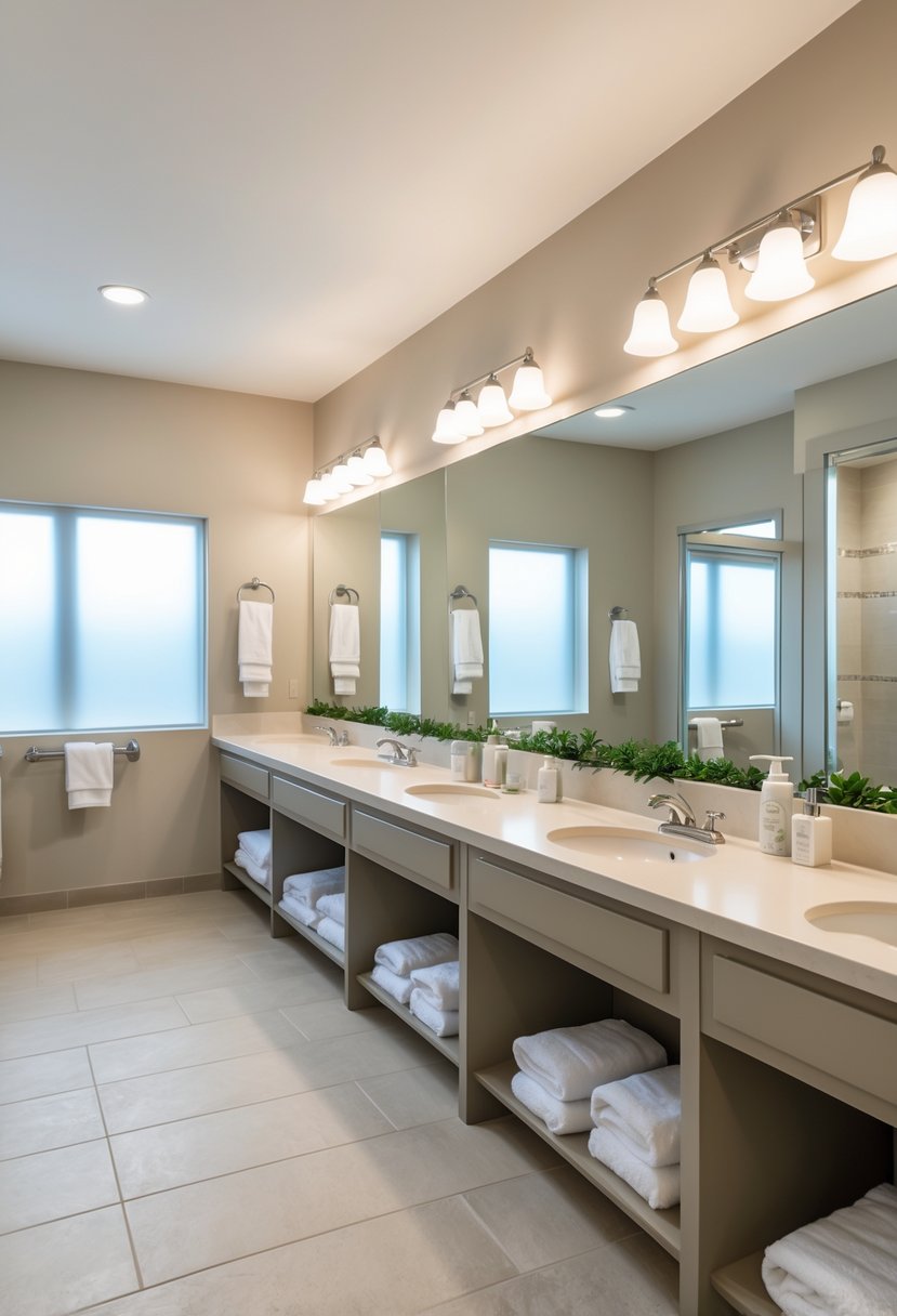 A large guest bathroom with multiple sinks, mirrors, neutral-colored walls, and neatly arranged towels and plants.