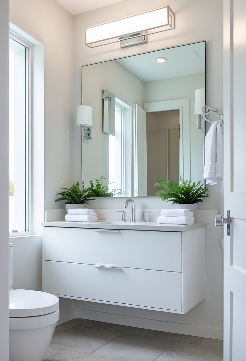 A bright guest bathroom with a large mirror above a white vanity, potted plants, and light gray tiled floor.