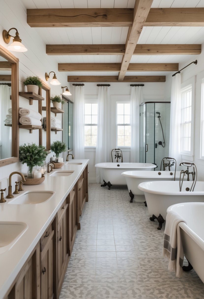 A large, bright bathroom with multiple sinks, mirrors, bathtubs, and wooden accents designed to accommodate many guests.
