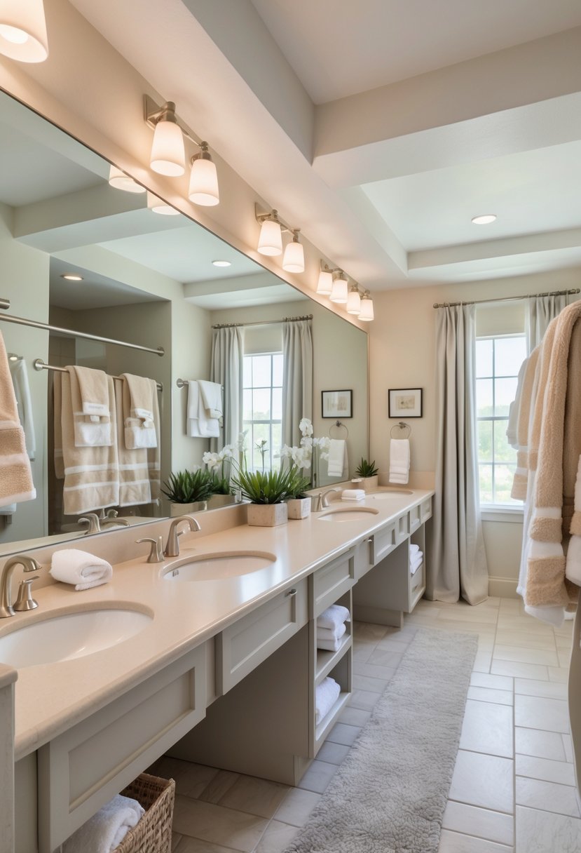 A spacious guest bathroom with multiple sinks, featuring plush, neatly arranged towels in coordinating neutral colors.