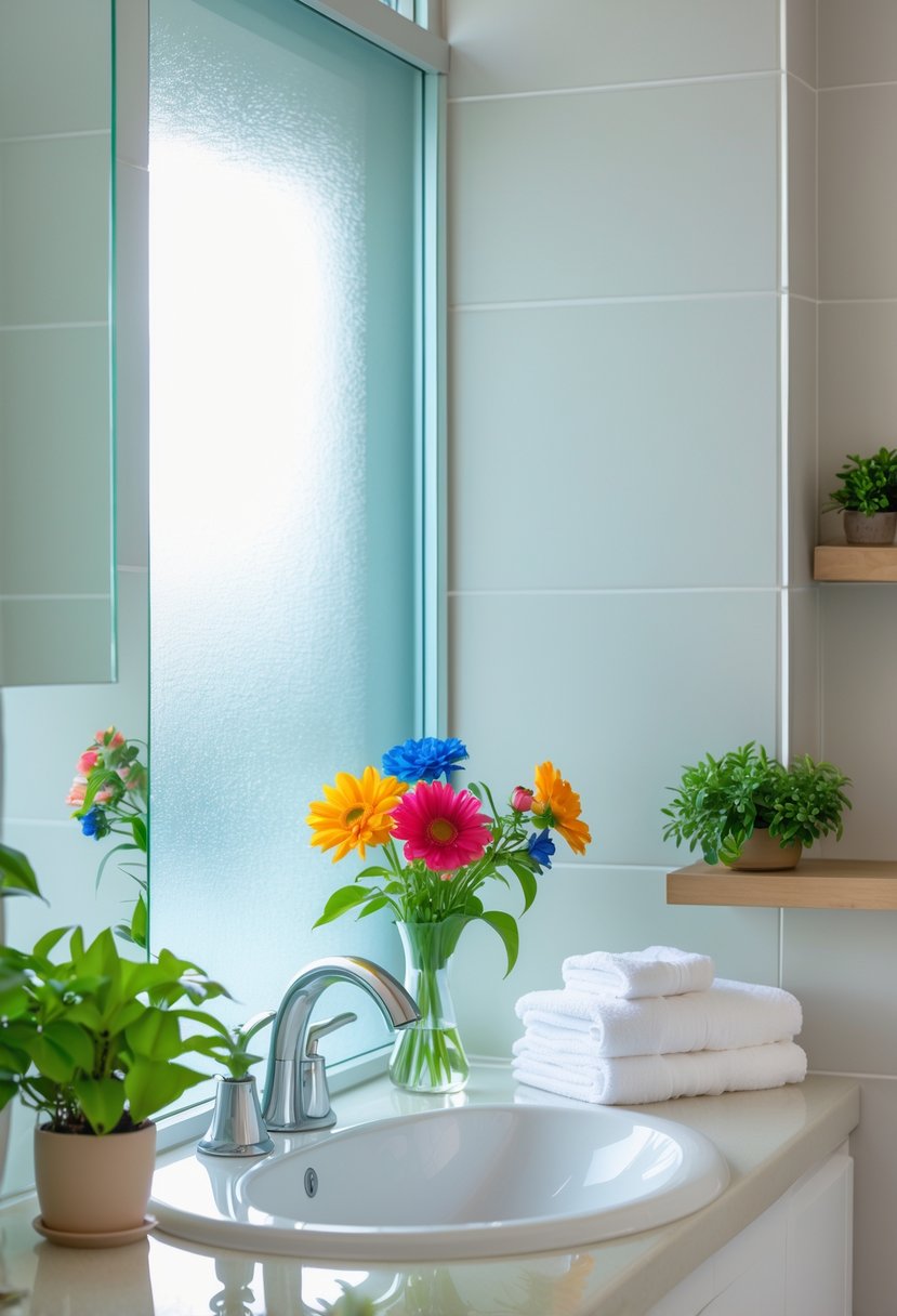 A guest bathroom countertop with fresh flowers in a vase and a small potted plant, alongside towels and a modern sink.