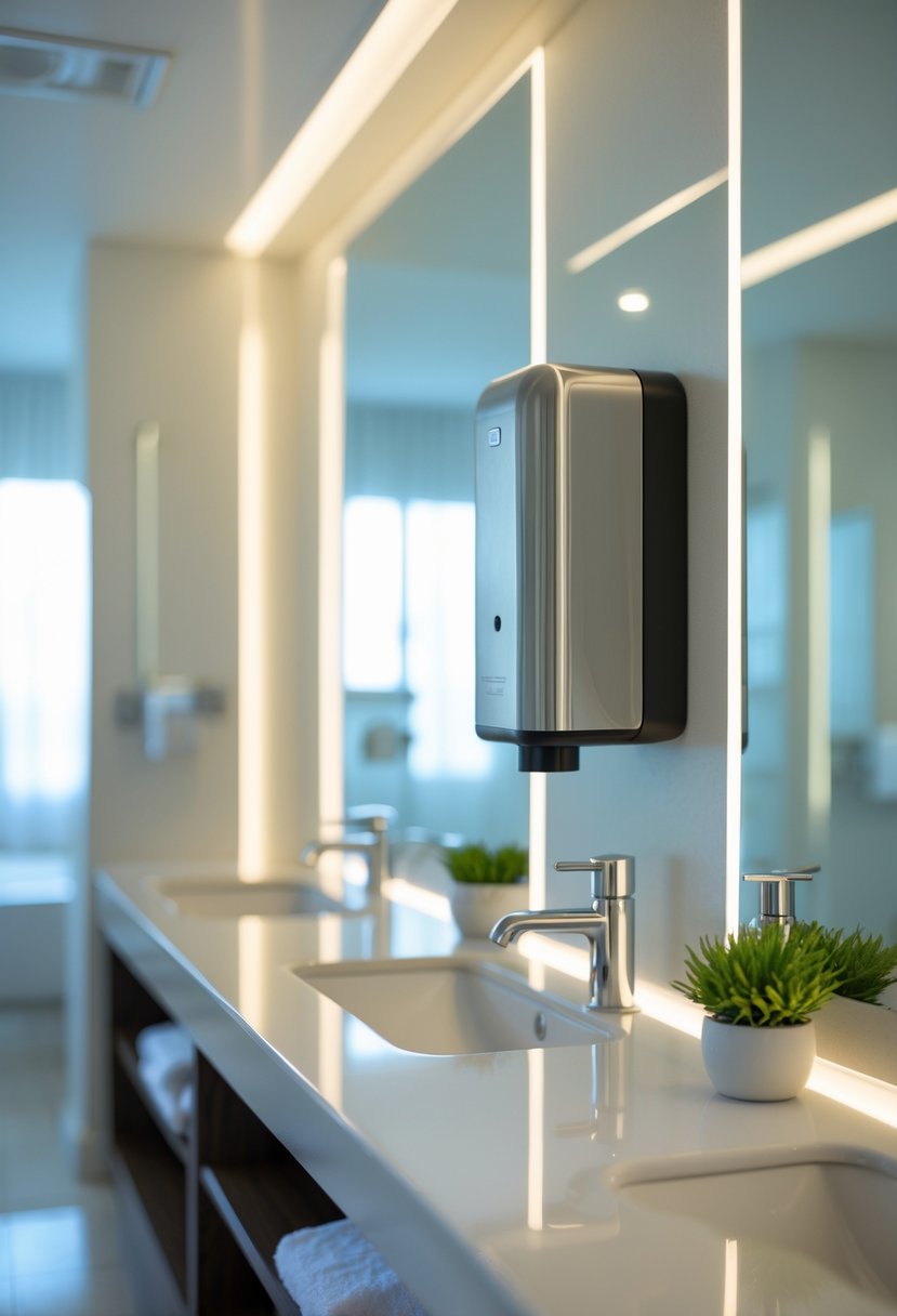 A clean and spacious guest bathroom with a wall-mounted soap dispenser above a sink.