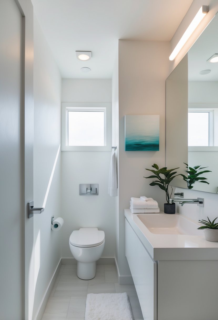 A clean and modern guest bathroom with a small abstract art piece on the wall, a vanity with a sink, a mirror, and a potted plant.