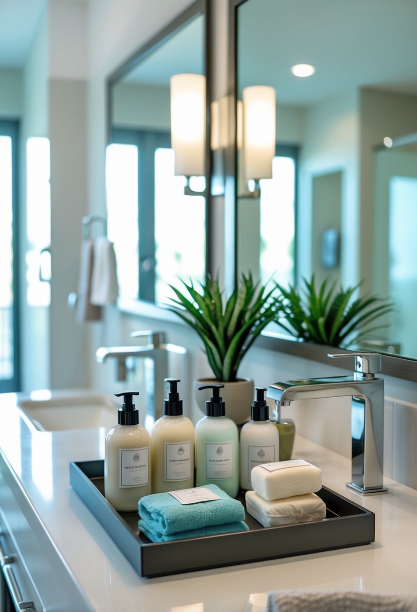 A guest bathroom countertop with a tray holding various guest toiletries including shampoo, conditioner, lotion, and soap, with towels and a plant nearby.