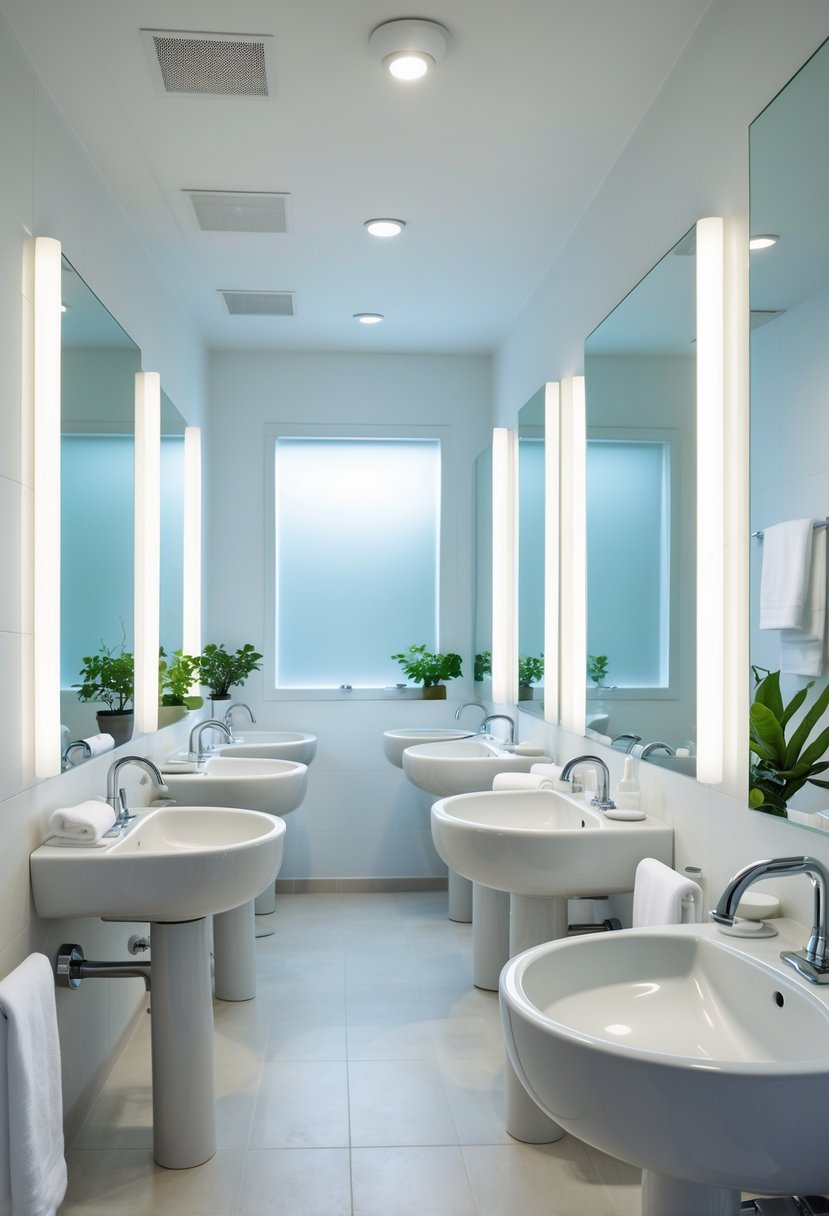 A guest bathroom with multiple pedestal sinks lined up along the wall, bright lighting, and clean, organized space.