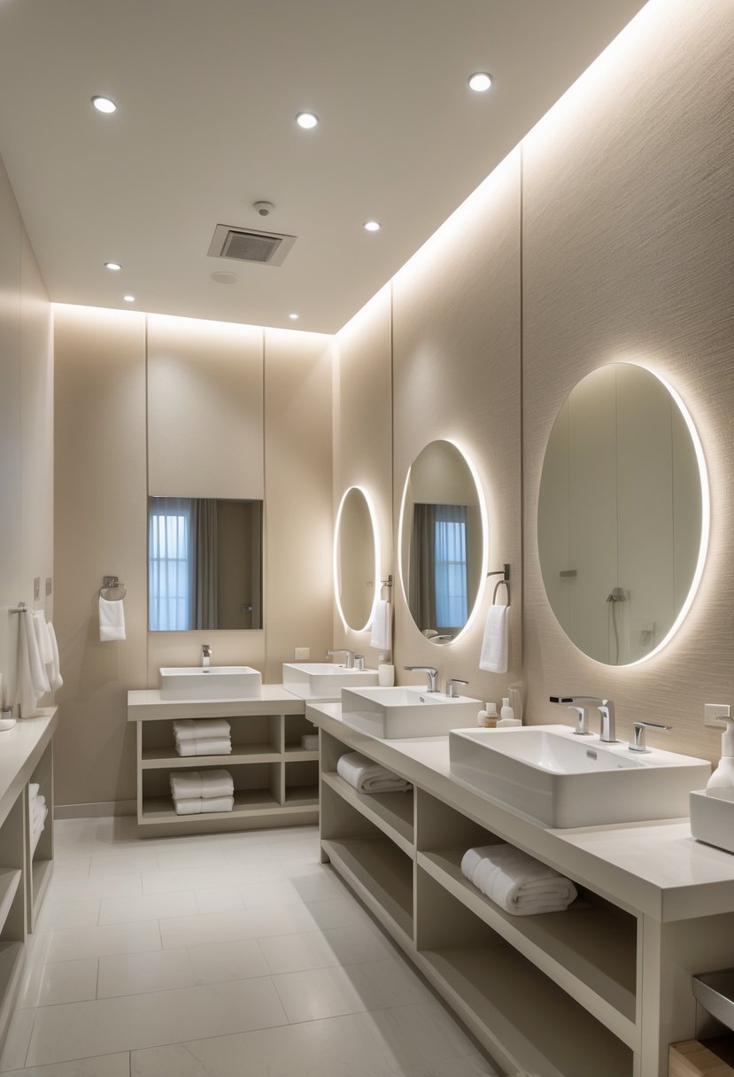 A spacious guest bathroom with multiple sinks and a subtle wallpaper accent wall.