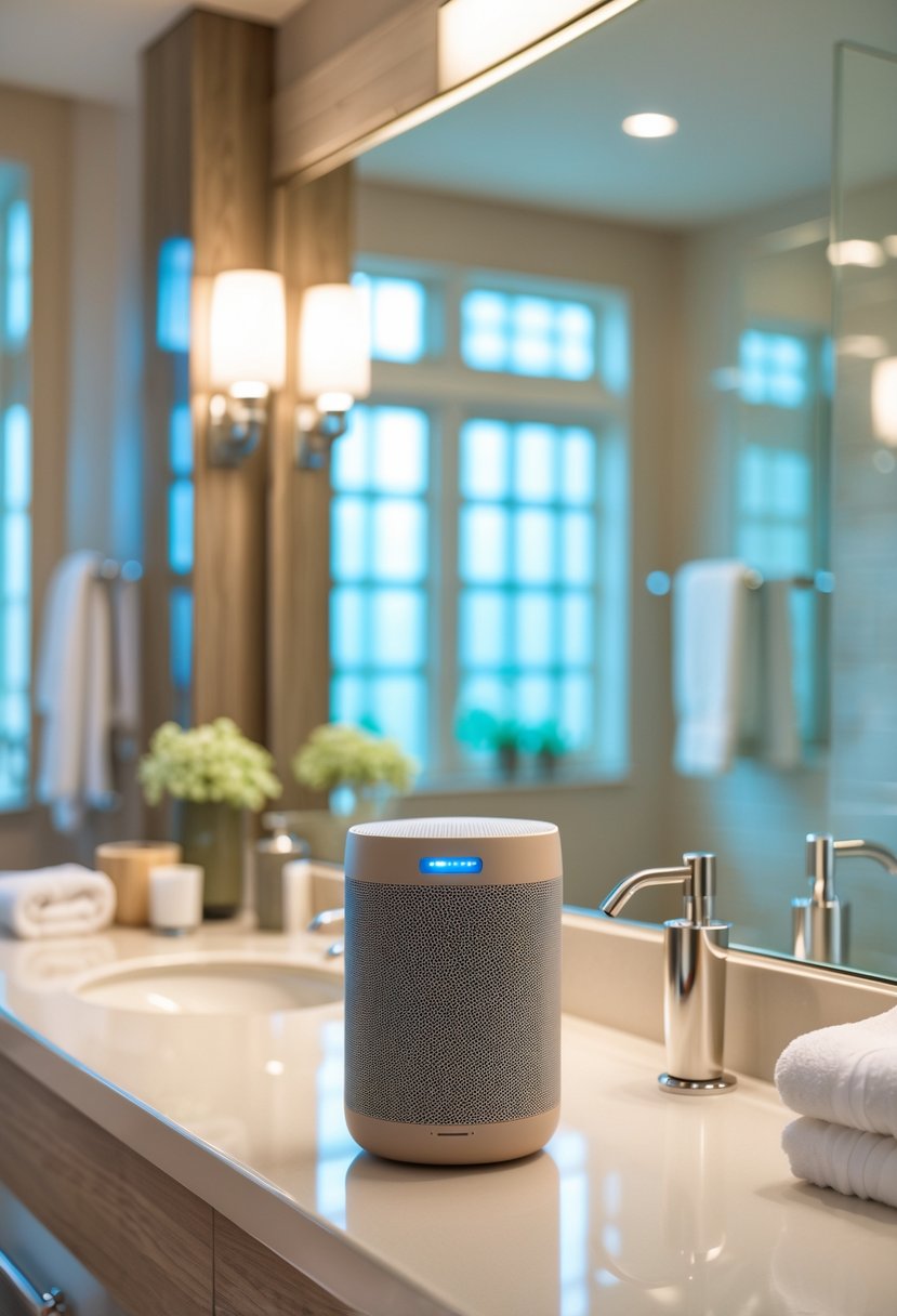 A spacious guest bathroom with a waterproof Bluetooth speaker on a shelf, featuring a sink, mirror, towels, and clean modern fixtures.