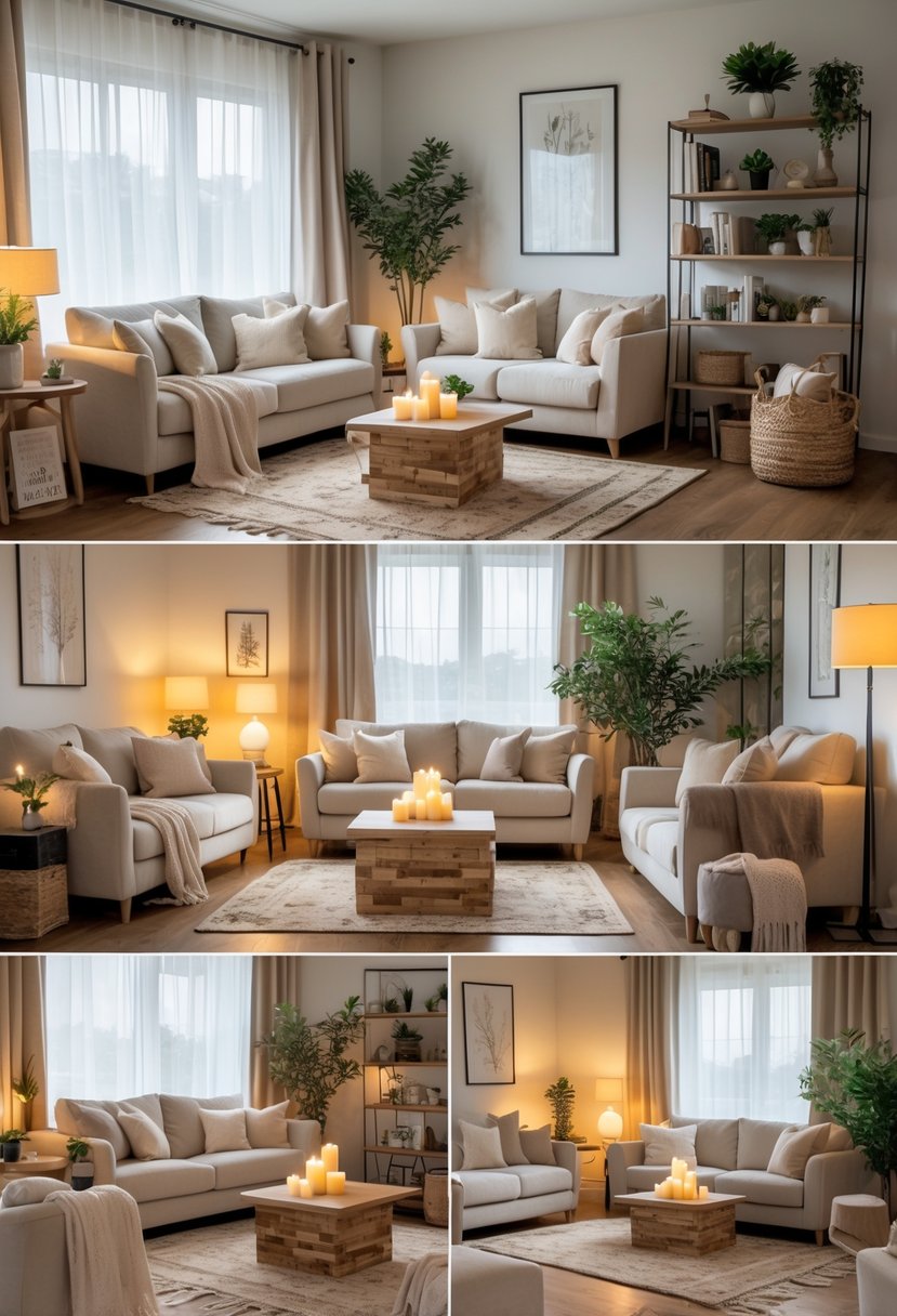 A cozy living room with a sofa, cushions, warm lighting, plants, and wooden furniture.