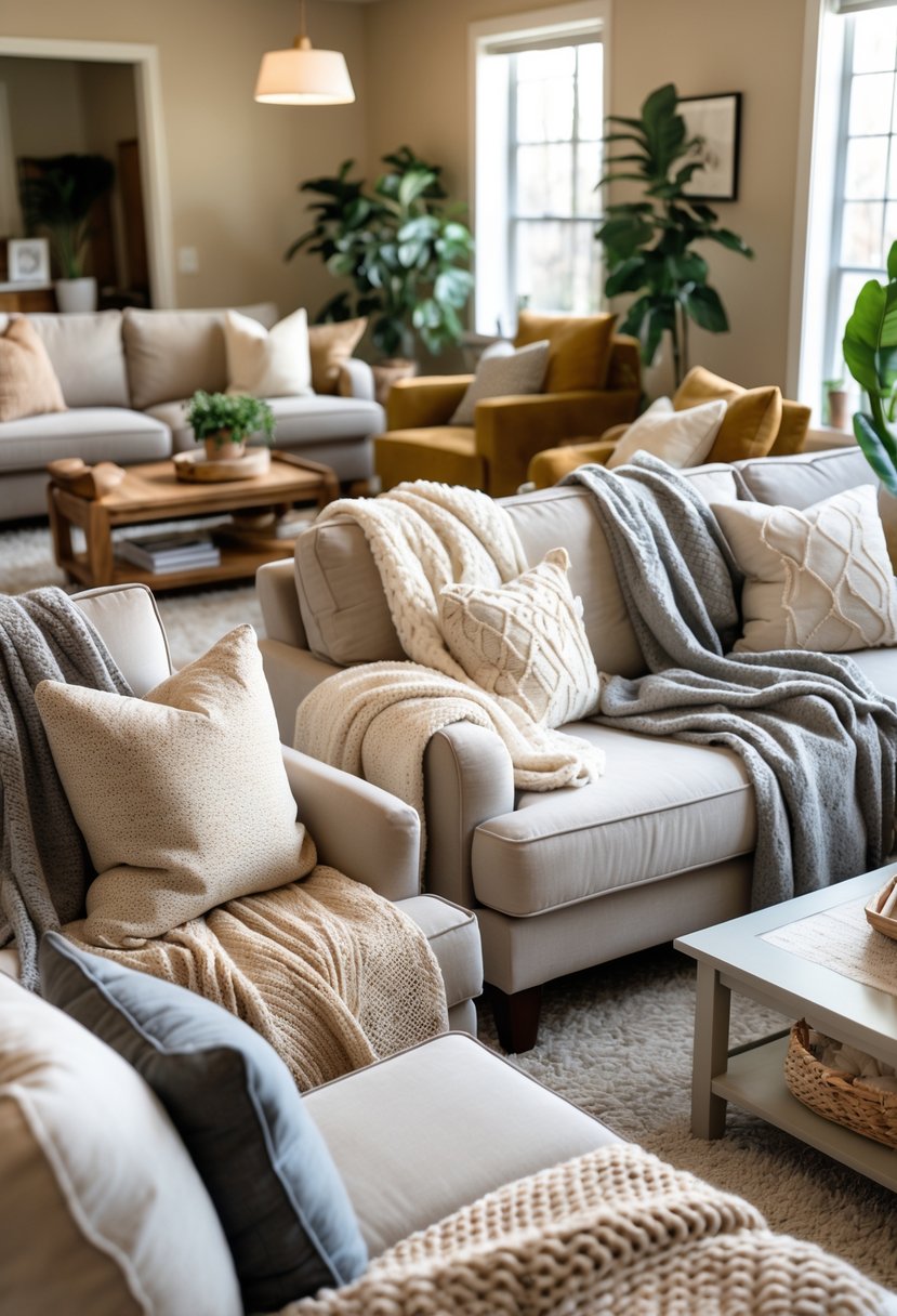 A cozy living room with sofas and chairs layered with soft, textured throws and blankets, surrounded by cushions and plants.