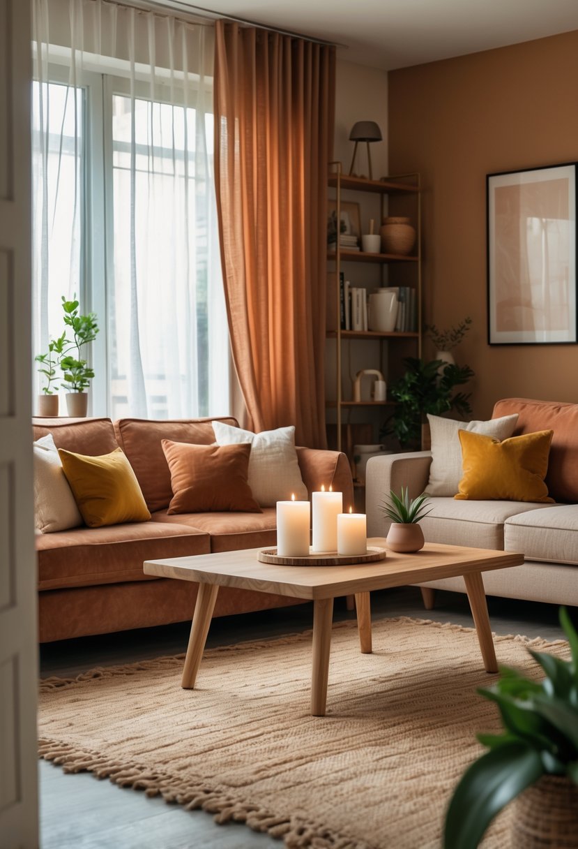 A cozy living room with a sofa, coffee table, rug, and natural light coming through sheer curtains.