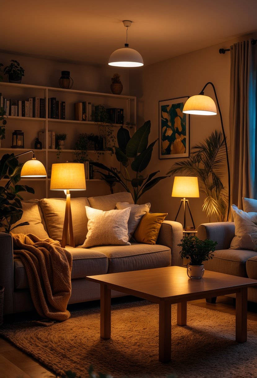 A cozy living room with multiple table and floor lamps providing warm ambient lighting, featuring a sofa, coffee table, plants, and decorative items.