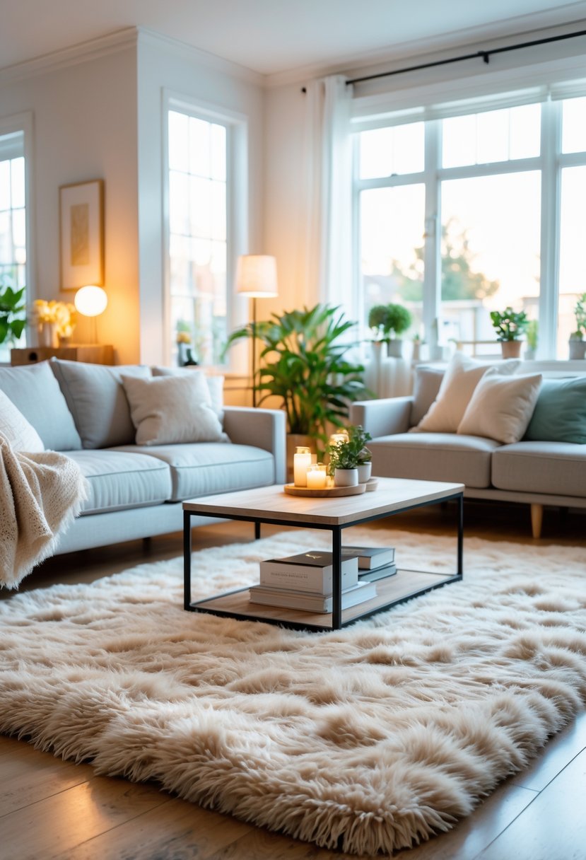A living room with a large plush rug, sofa, coffee table, and natural light creating a warm and comfortable atmosphere.