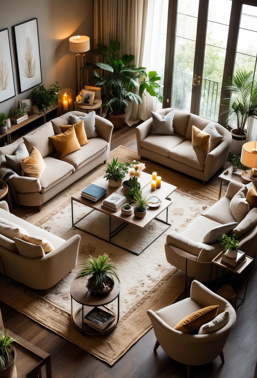 A cozy living room with sofas and chairs arranged for conversation, featuring warm lighting, plants, and decorative accents.