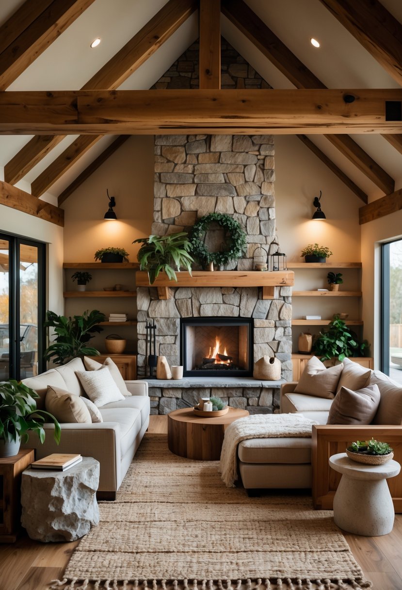 A cozy living room with a stone fireplace, wooden floors and beams, comfortable seating, and indoor plants.