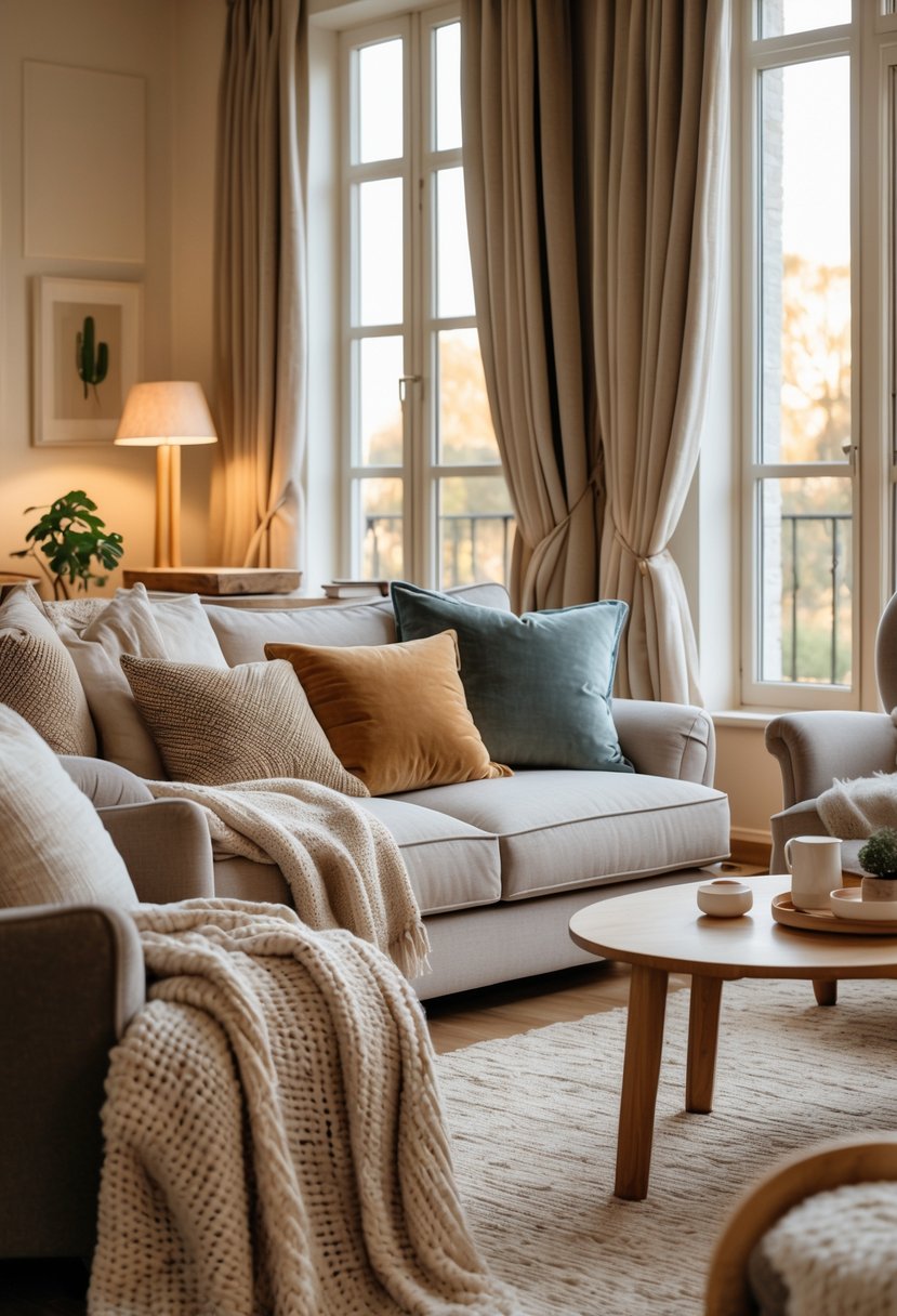 A cozy living room with cushions, blankets, and curtains creating a warm and inviting atmosphere.