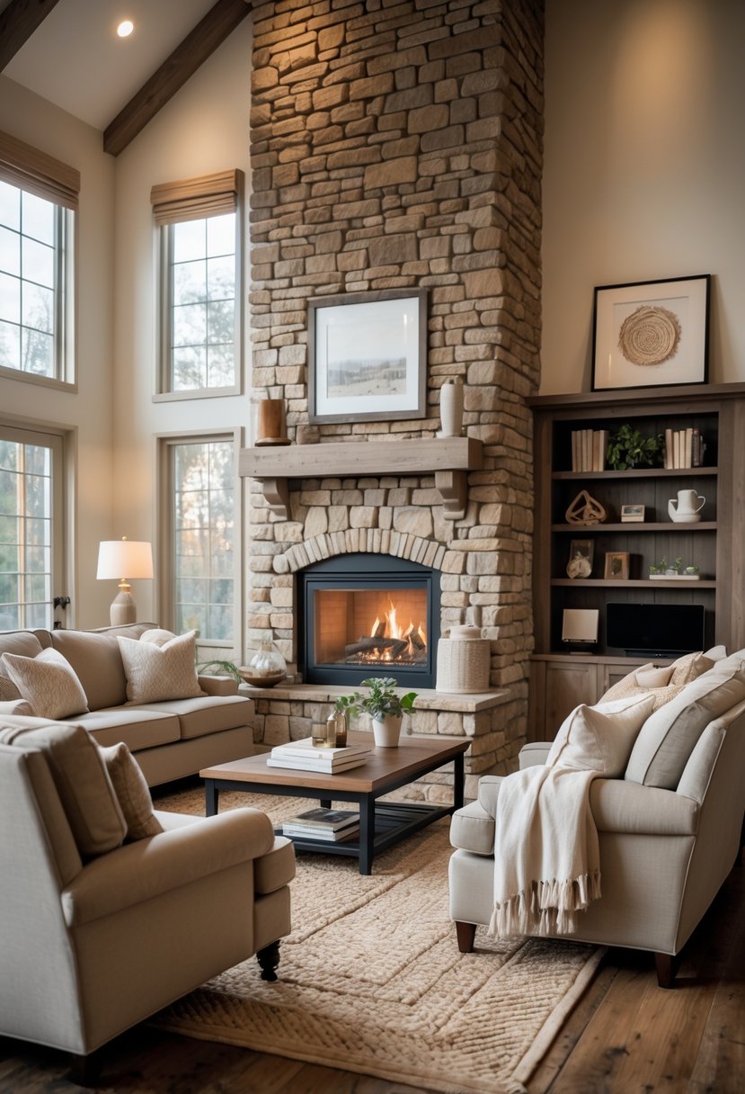 A cozy living room with a stone fireplace, comfortable seating, and warm natural lighting.