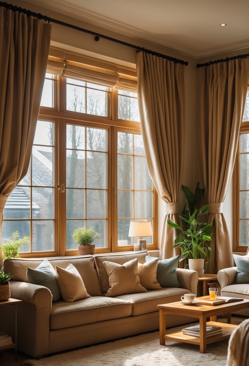 A cozy living room with large windows covered by thick insulated curtains, featuring comfortable sofas, a rug, and warm lighting.