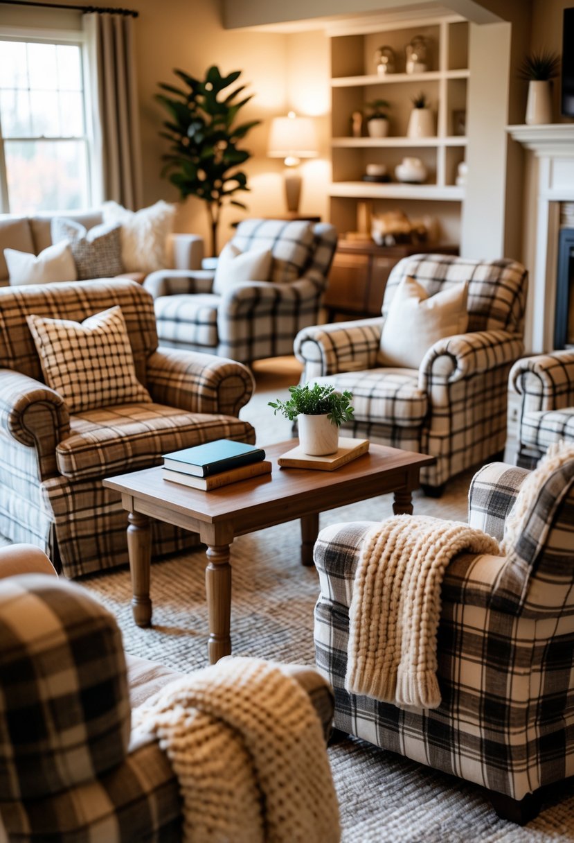 A cozy living room with several comfortable armchairs arranged around a coffee table near a fireplace.