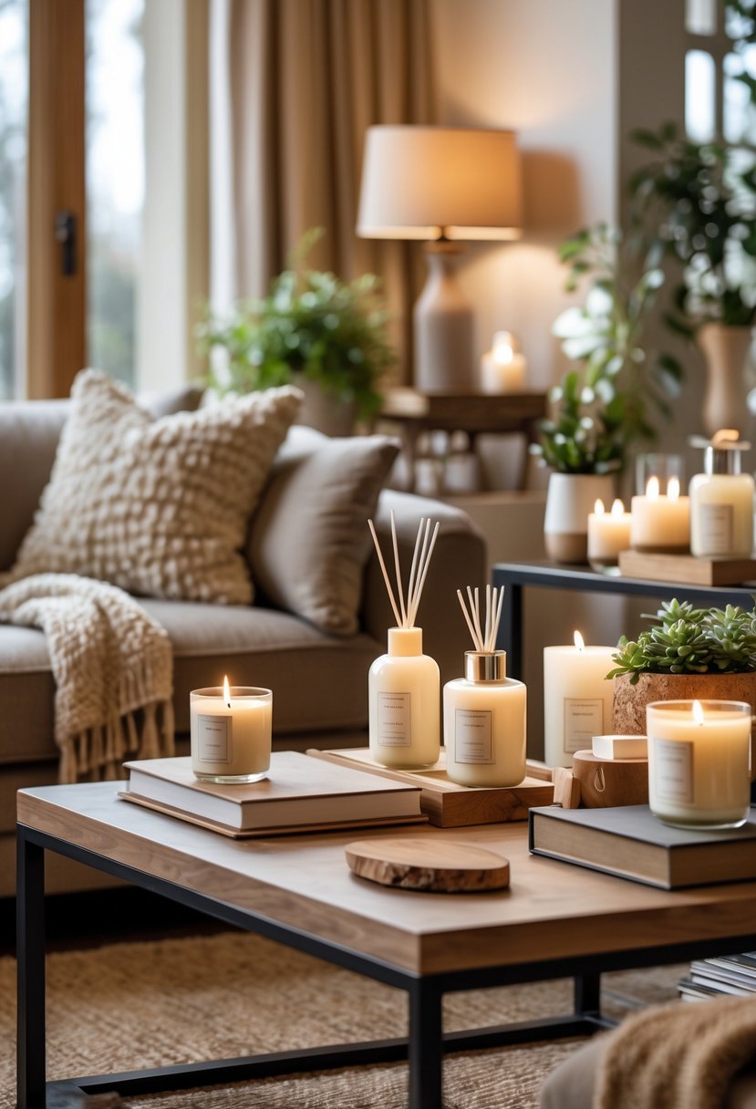 A cozy living room with scented candles and diffusers on tables and shelves, featuring a sofa, cushions, and soft natural lighting.