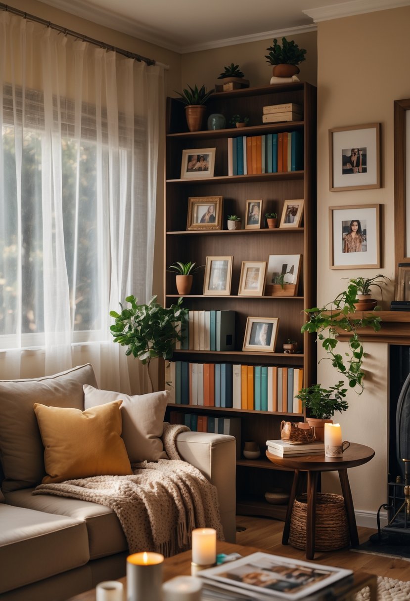 A cozy living room with a sofa, bookshelf filled with books, framed family photos, plants, and warm natural light.