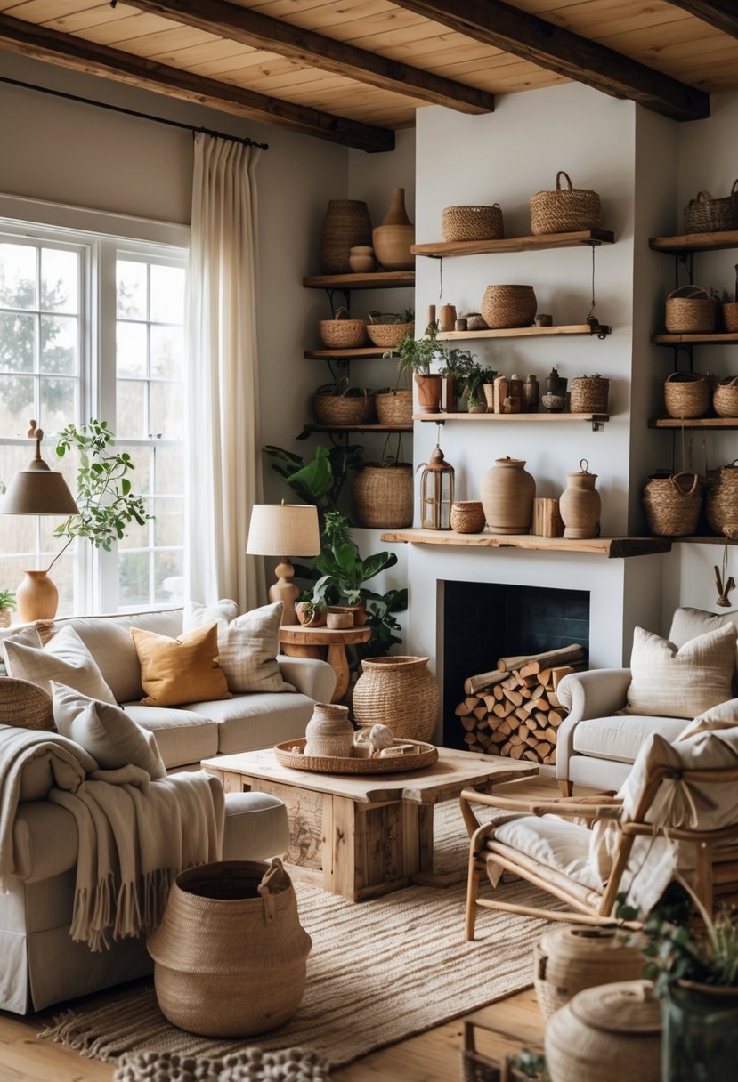A cozy living room with comfortable seating, vintage accessories, indoor plants, and warm natural light.