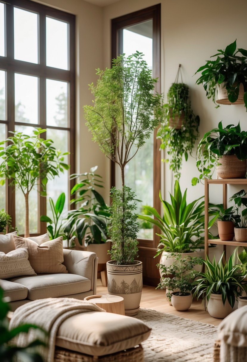 A cozy living room with comfortable sofas and various indoor plants and small trees placed around the space.