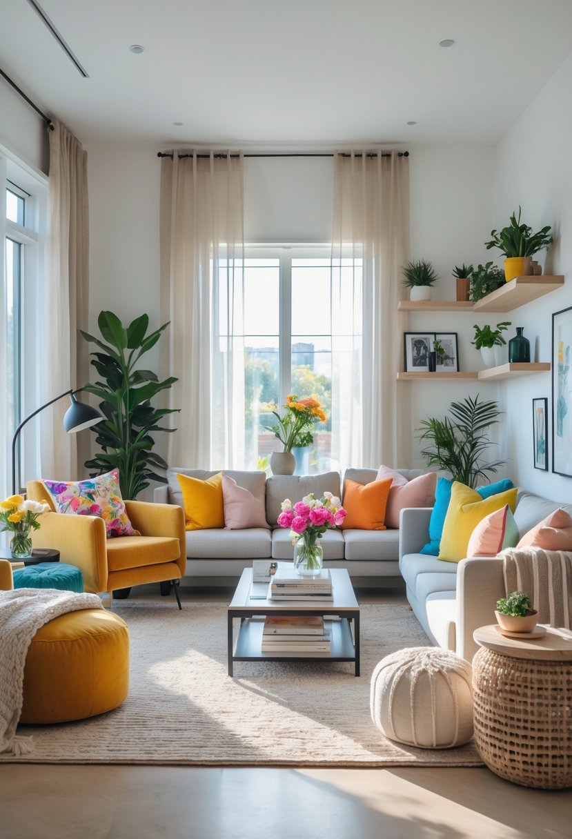 A well-lit living room with a sofa, armchair, coffee table, plants, and wall art arranged neatly.