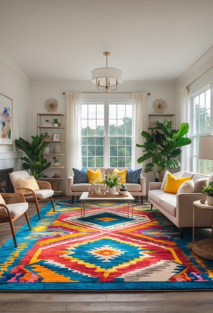 A living room with a large bold patterned rug, sofa, chairs, coffee table, plants, and decorative items under natural light.