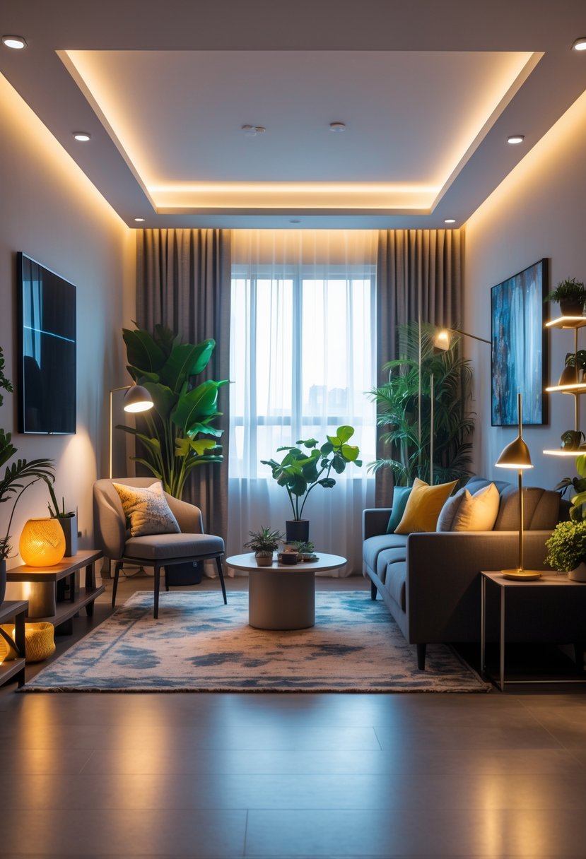 A living room with a sofa, armchairs, coffee table, and layered lighting including ceiling lights, floor lamp, table lamp, and accent lights highlighting artwork and plants.
