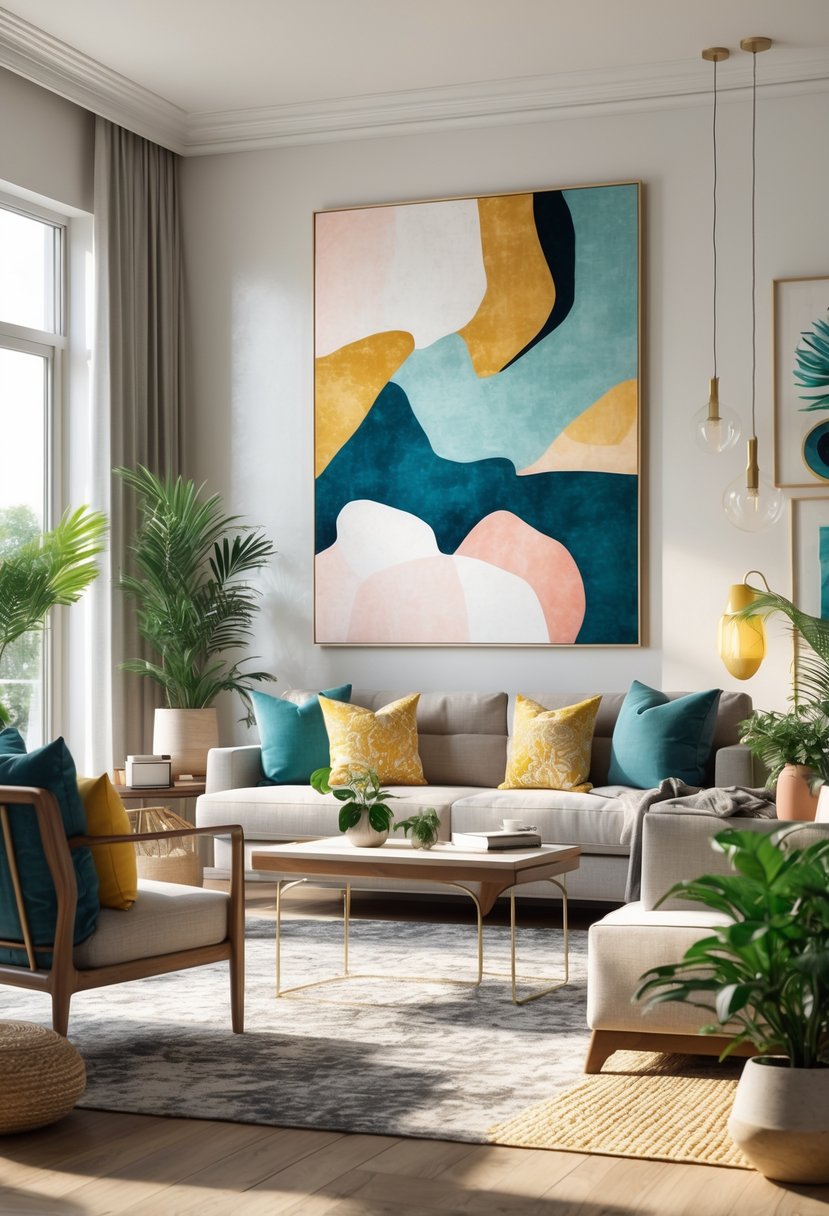 A bright living room with a large abstract painting on the wall, a sofa, coffee table, plants, and various decorative items.