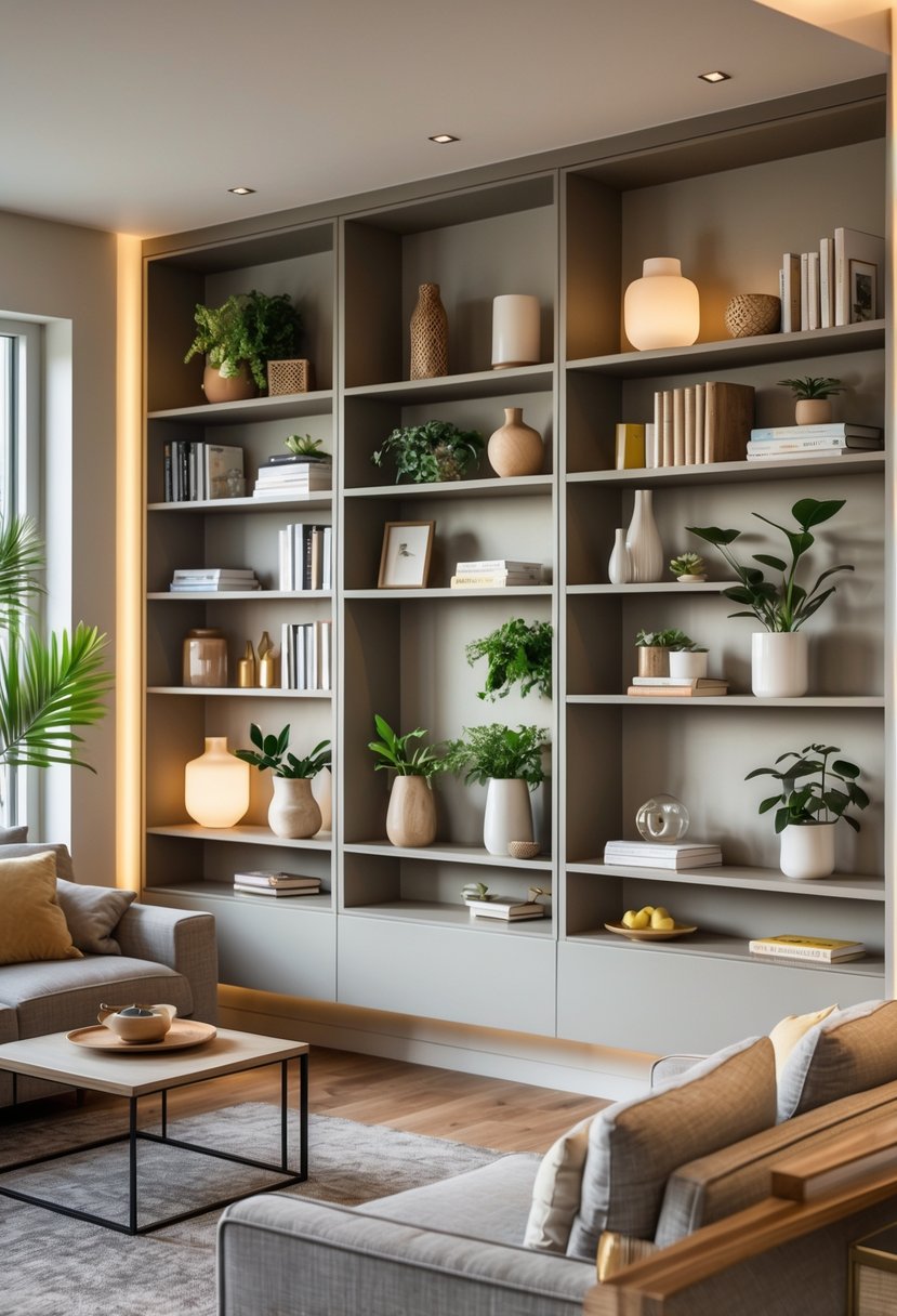 A living room with built-in shelves holding books, plants, and decorative items, a sofa, and a coffee table under natural light.
