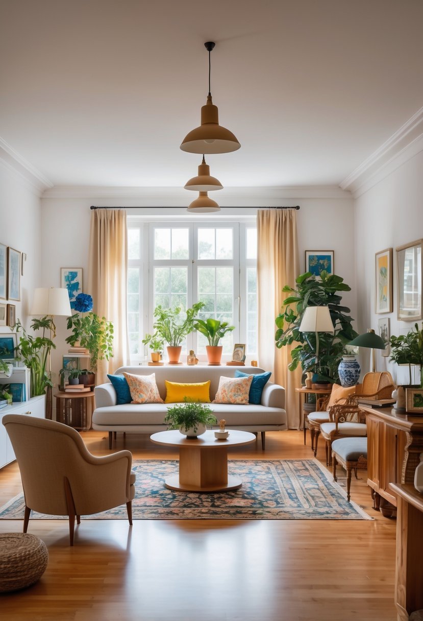 A well-lit living room with a sofa, armchair, coffee table, and various decorative items arranged neatly.
