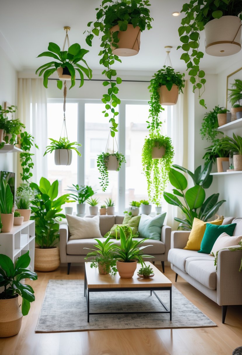 A living room filled with various potted plants and hanging planters arranged throughout the space, creating a fresh and green atmosphere.