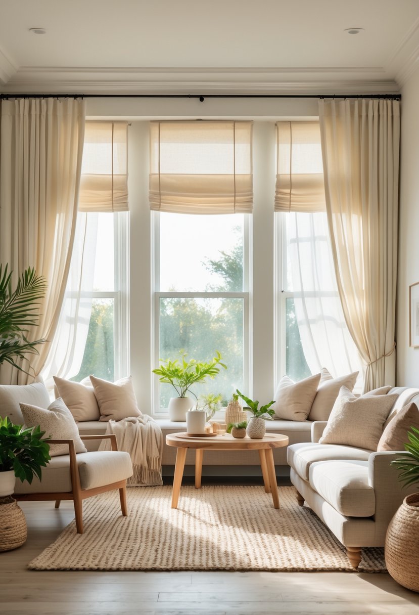 A bright living room with large windows and sheer curtains softly filtering natural light, furnished with a sofa, armchairs, plants, and a coffee table.