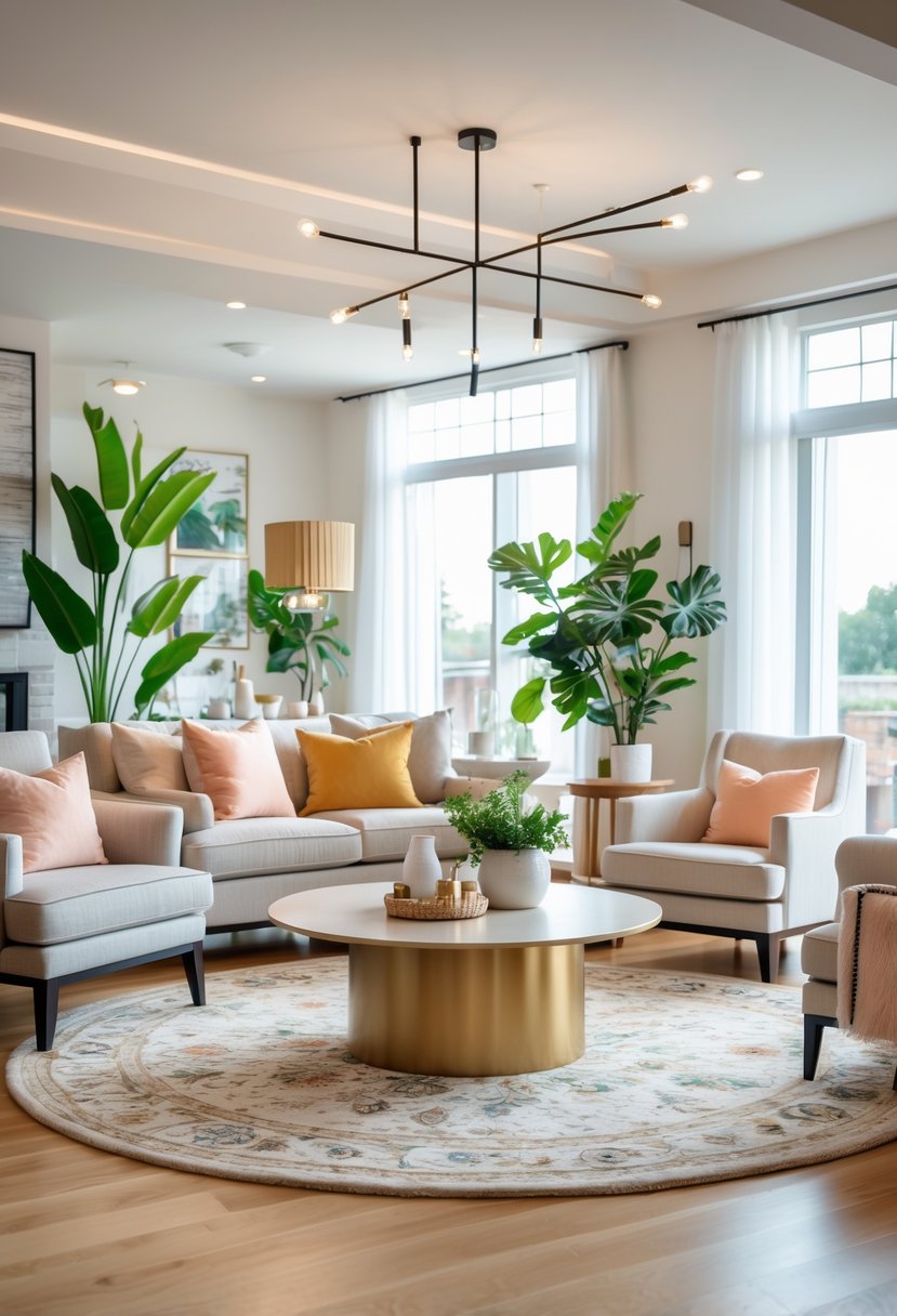 A living room with a round coffee table surrounded by a sofa and chairs, decorated with plants and pillows.