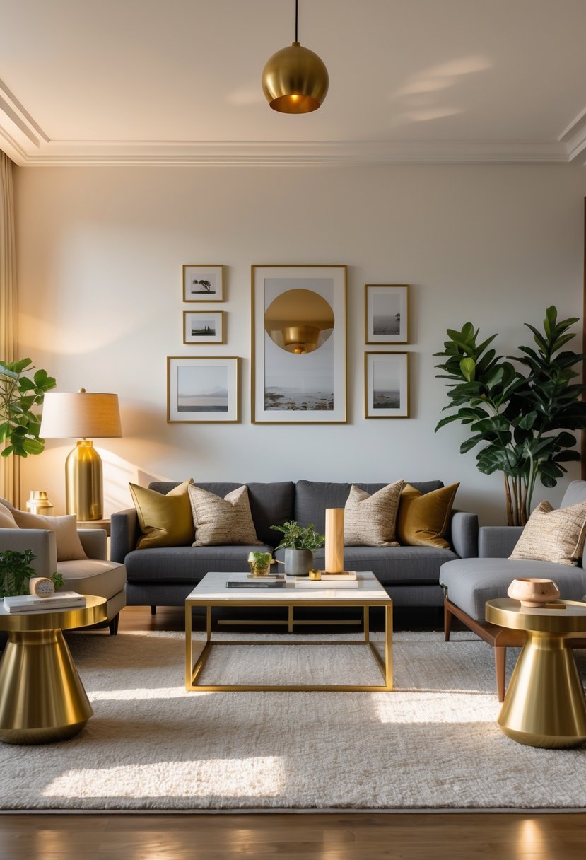 A living room with comfortable seating, brass lamps, brass picture frames, a coffee table, cushions, and plants.