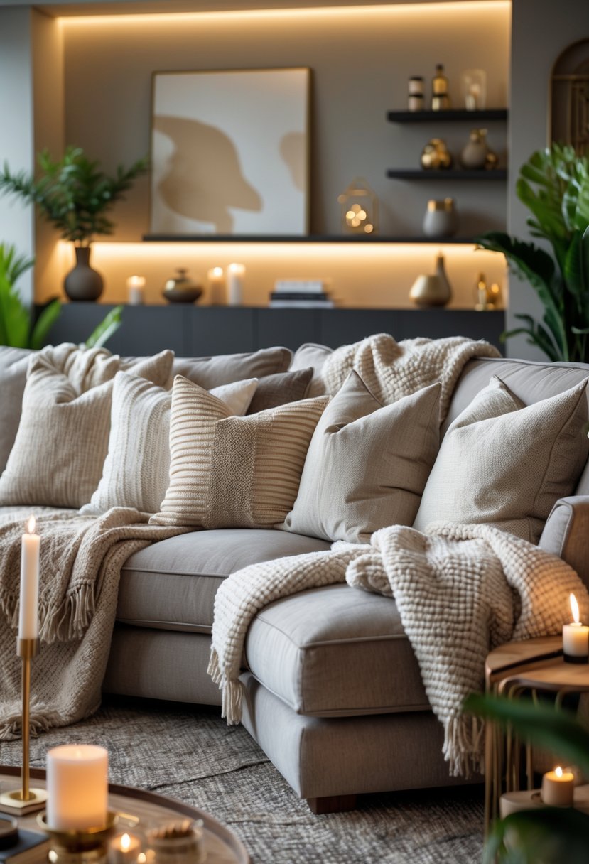 A living room with a sofa covered in cozy throws and pillows, a coffee table with decorations, plants, and wall art in the background.