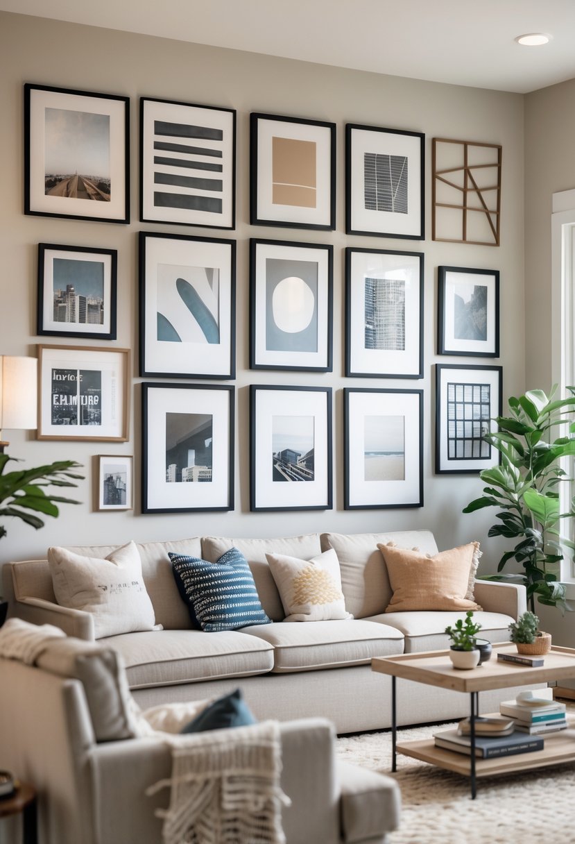 Living room with a large gallery wall displaying multiple picture frames above a sofa and coffee table.