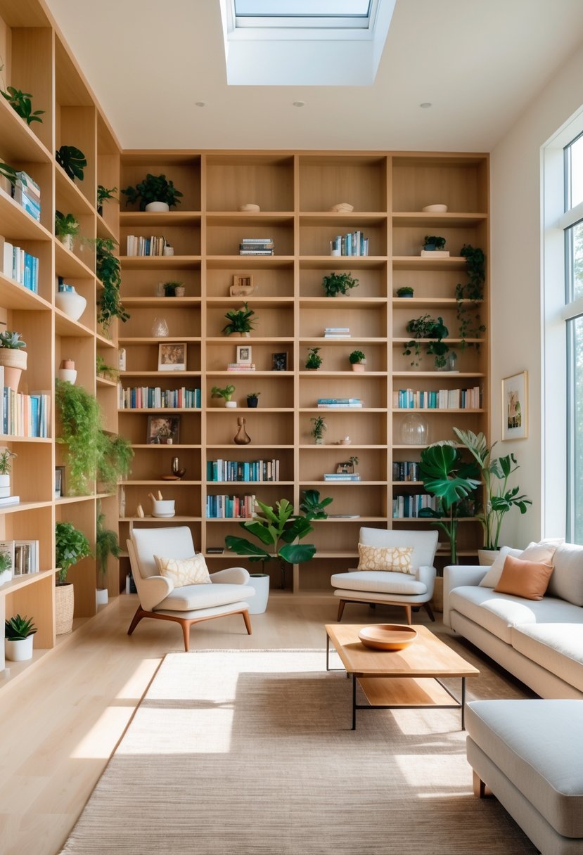 A living room with open-backed bookshelves filled with books and plants, bright natural light, sofa, armchairs, and a coffee table.
